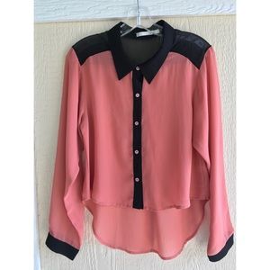 Peach and Black high-low sheer button down top